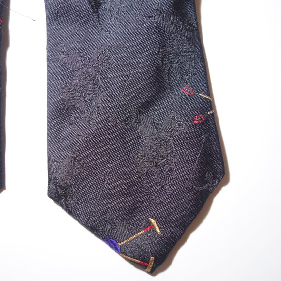 Vtg Ralph Lauren Embroidered Black On Black Equestrian Polo Player Tie Made Hand - Picture 9 of 11